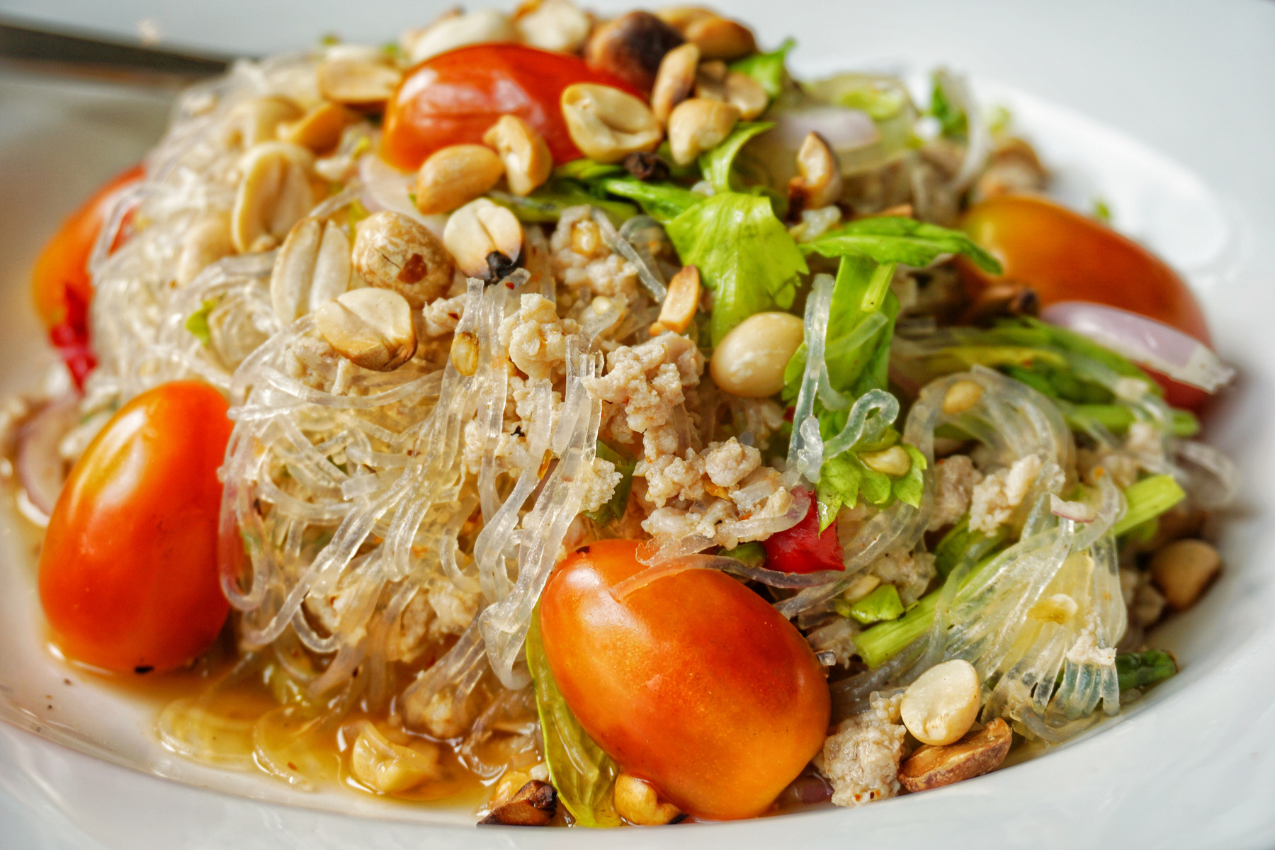 Close up Thai spicy glass noodle salad.